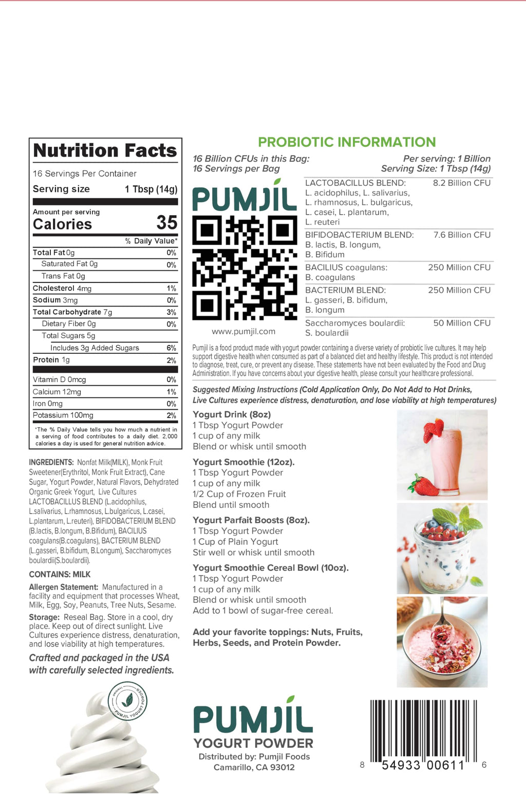 Pumjil nutrition facts and probiotic information