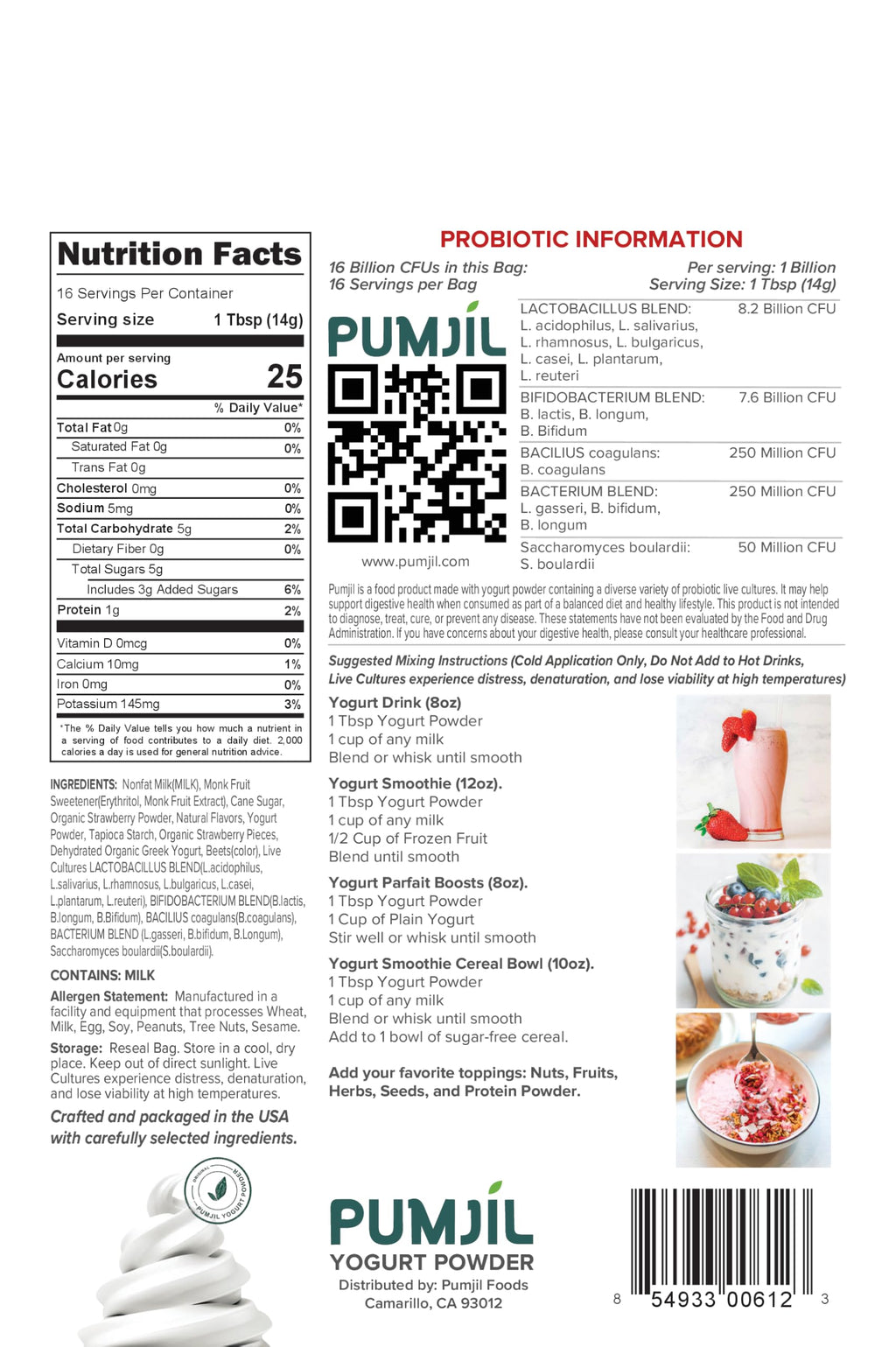 Pumjil Strawberry nutrition facts and probiotic information