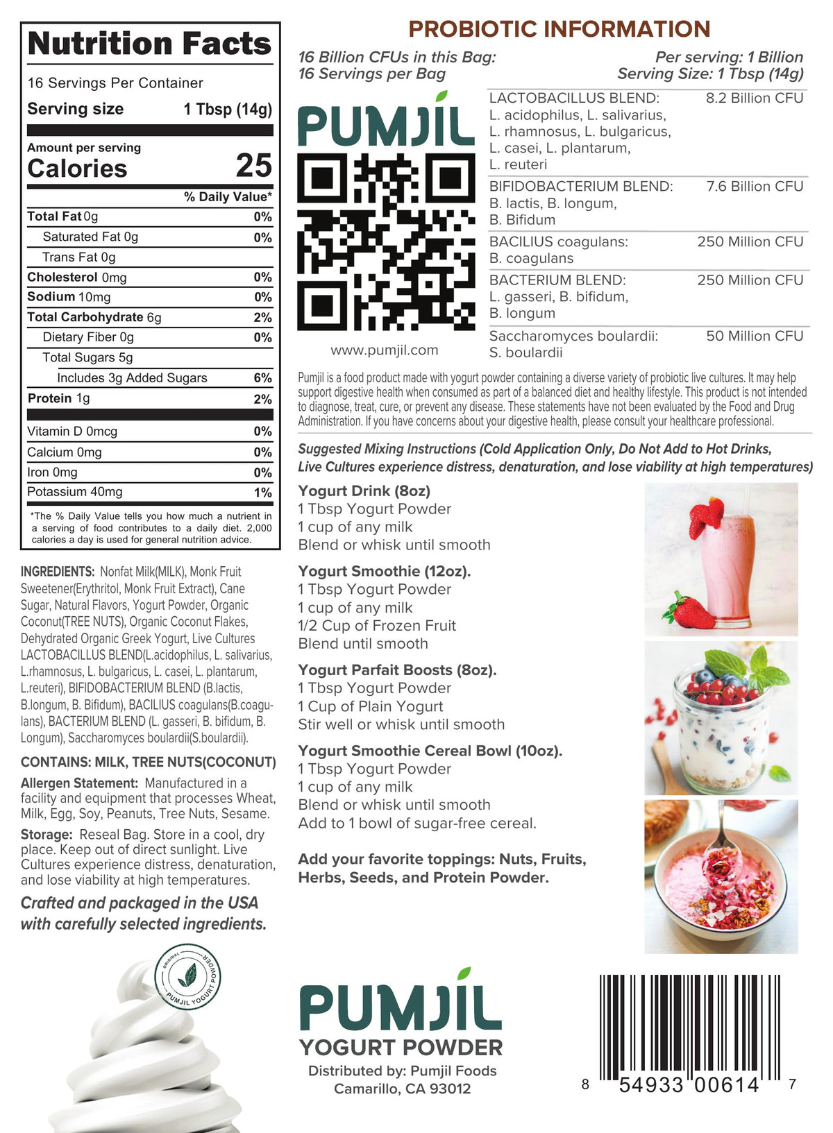 Pumjil Coconut nutrition facts and probiotic information