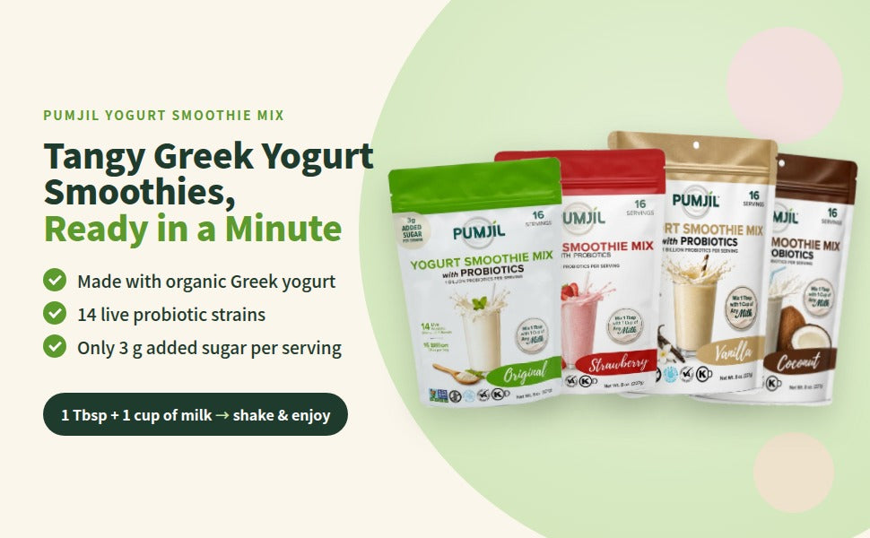 Four Pumjil yogurt smoothie mix flavors: Original, Strawberry, Vanilla and Coconut